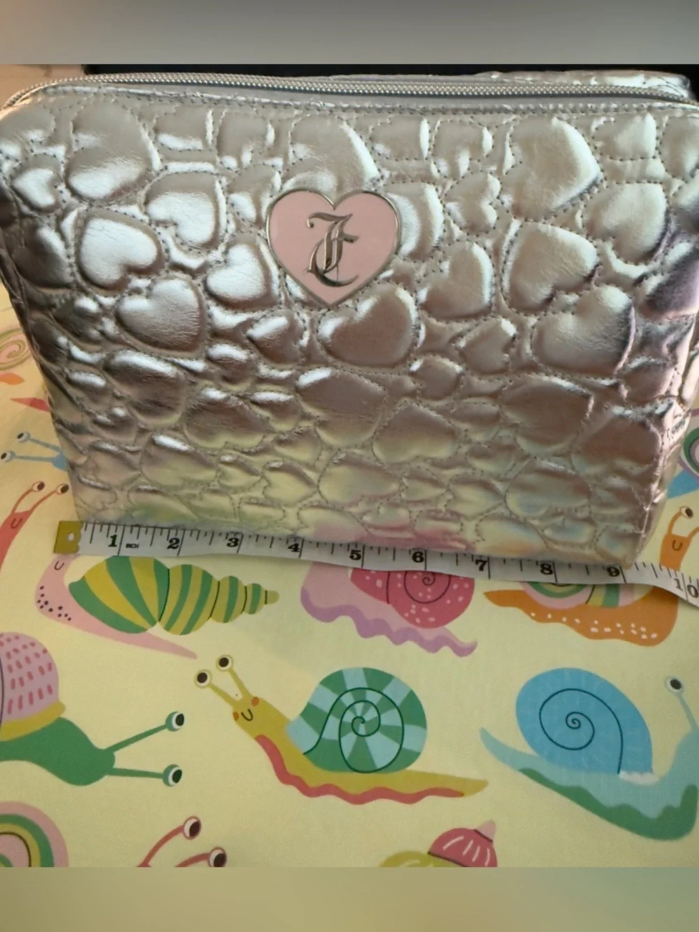 Juicy Couture Metallic Silver Heart Print Quilted Cosmetic Makeup Bag